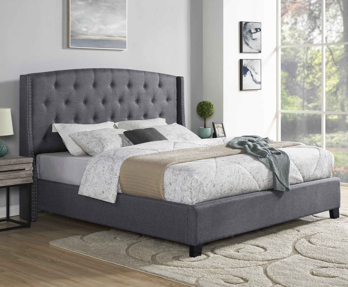 Nantarre Fabric Button Tufted Wingback Upholstered Bed with Nail Head Trim, Gray