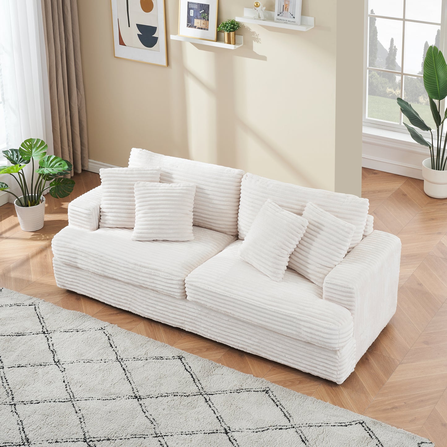 79.3 inches long, Corduroy Sofa, with 4 Matching Toss Pillows Sleek Design Spacious and Comfortable 3 Seater Couch for Modern Living Room,WHITE