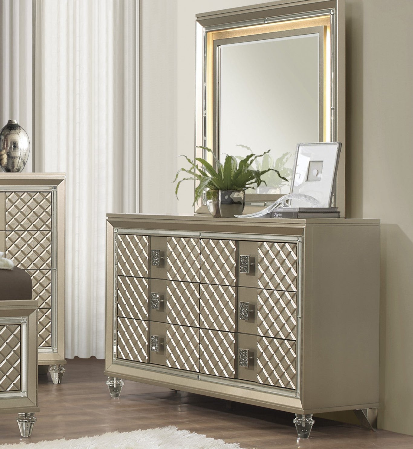 Glamorous Champagne Finish 1pc Dresser of 6 Drawers Acrylic Feet Luxury Bedroom Furniture Beveled Mirror Trim