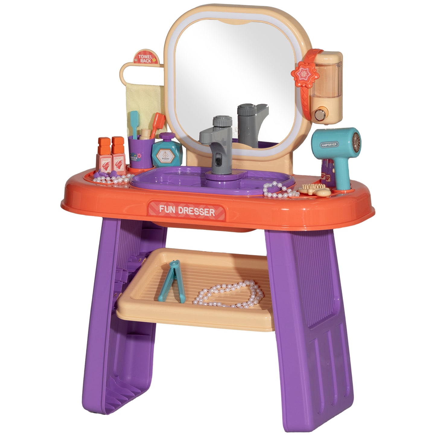 Qaba Kids Vanity Set, Toddler Makeup Table with Faucet, Mirror, LED Light, Music, 23 Accessories, Pretend Play Set for Girls 3-6 Years, Purple