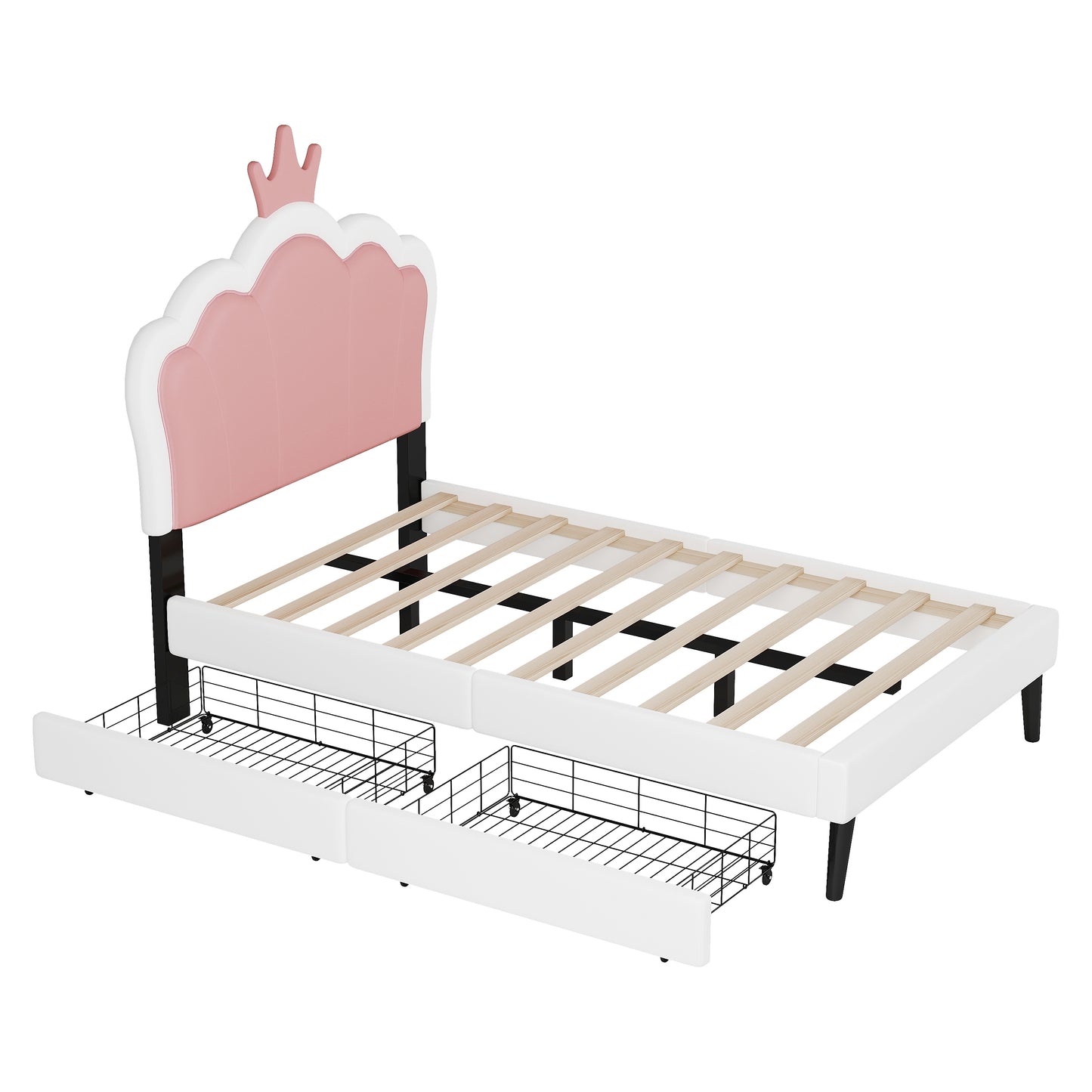 Twin Size Upholstered Princess Bed With Crown Headboard and 2 Drawers,Twin  Size Platform Bed with Headboard and Footboard, Pink+White