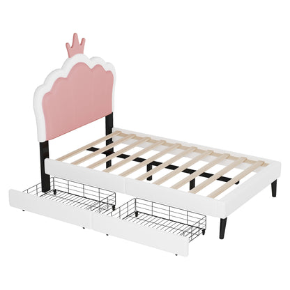 Twin Size Upholstered Princess Bed With Crown Headboard and 2 Drawers,Twin  Size Platform Bed with Headboard and Footboard, Pink+White