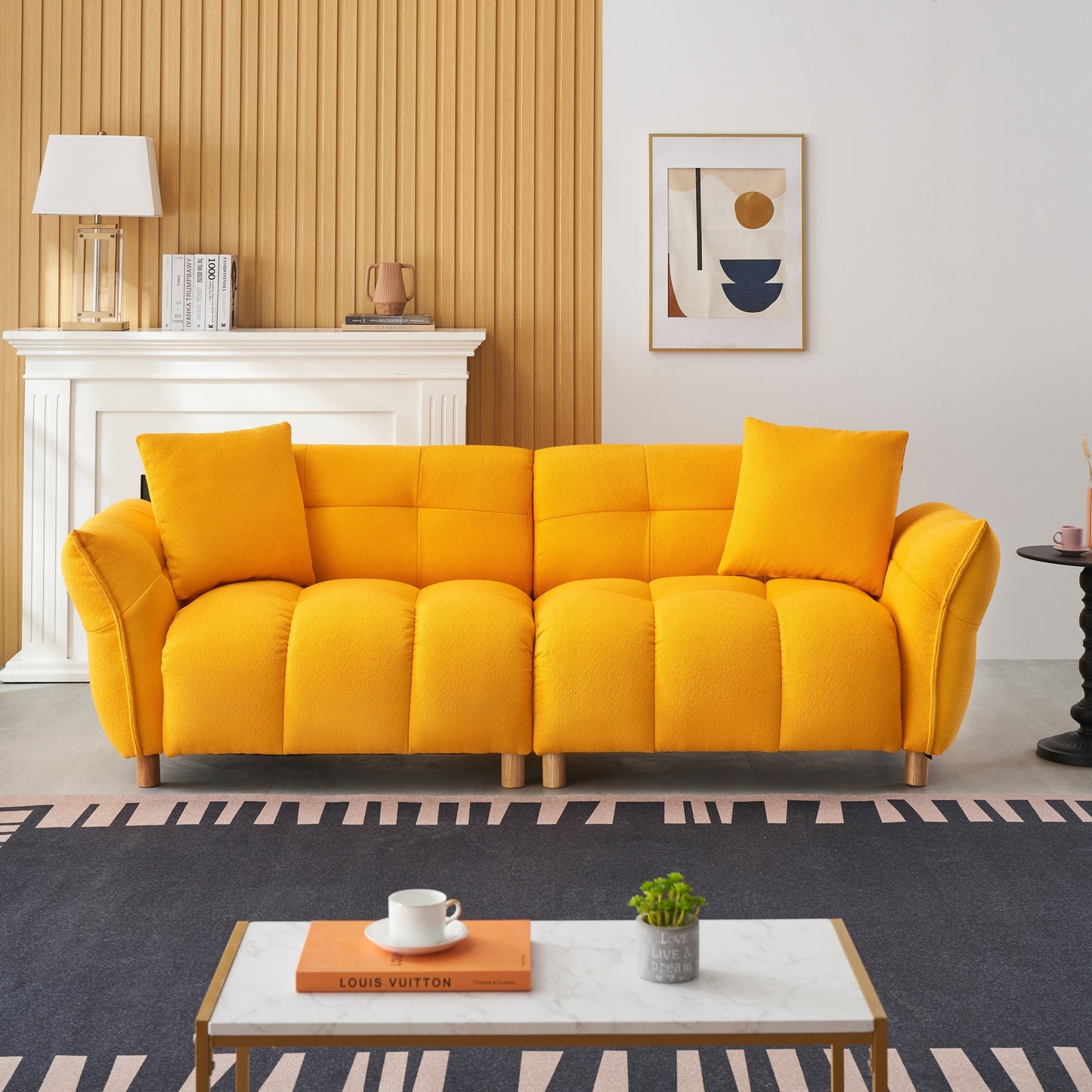 93.70 inches long, Teddy Sofa Fabric,with two matching pillows and three spacious and comfortable seats, for Apartment Office Living Room - Yellow