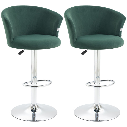 HOMCOM Adjustable Bar Stools Set of 2, Velvet Upholstered Kitchen Stool, Swivel Counter Height Barstool with Footrest for Dining Room, ‎Dark Green