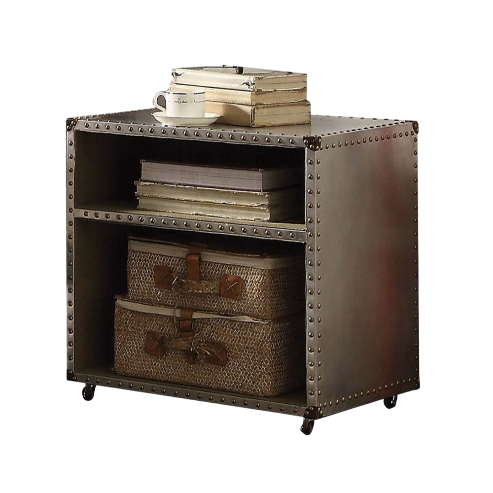 Aluminum 2-Shelf Nightstand with Nailhead Trim and Casters