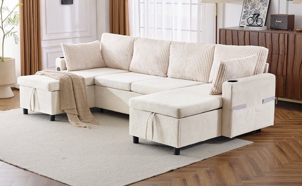 111.8" Sectional Sofa Pull-out Sofa Bed Versatile Sofa Sleeper with Large Storage Space, Two USB Ports and Two Cup Holders for Living Room, Beige