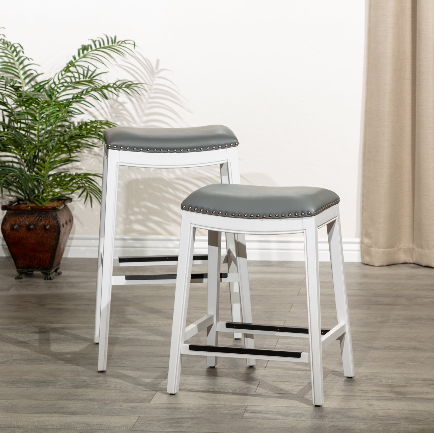 30" Bar Height Saddle Stool, White Finish, Gray Leather Seat