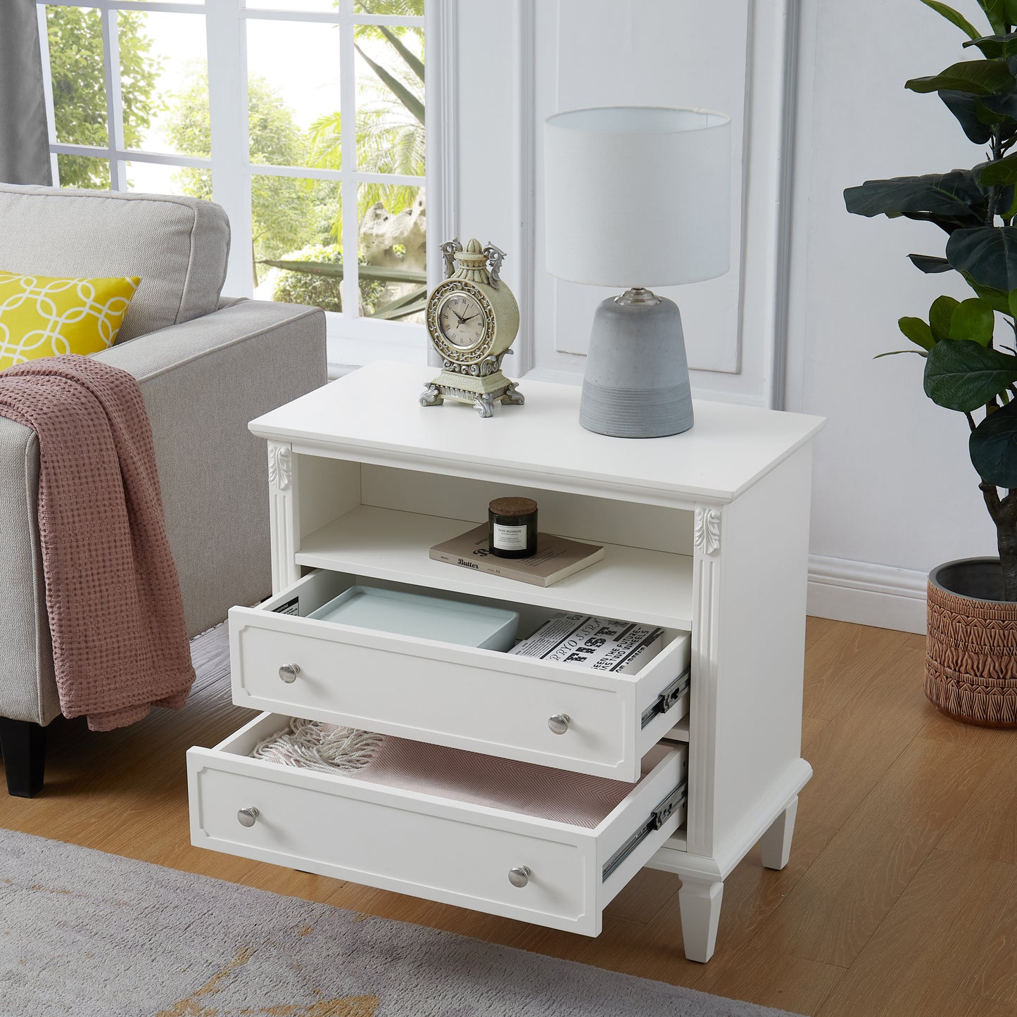 Open Space and 2 Drawers Dresser Nightstand with Charging Station, Farmhouse End Table with USB Ports and Outlets, Fluted Pilasters Design Side Table with Solid Wood Legs for Bedroom