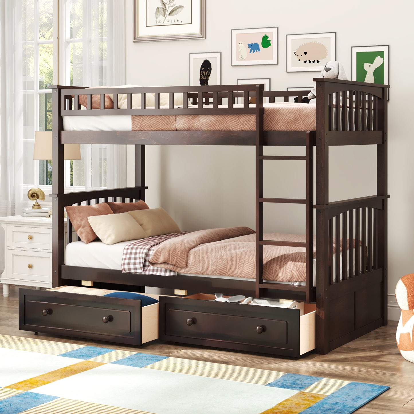 Espresso Twin over Twin Bunk Bed with Drawers, Convertible Storage Beds in Solid Pine Wood and MDF, 76''L x 42.1''W x 63.8''H