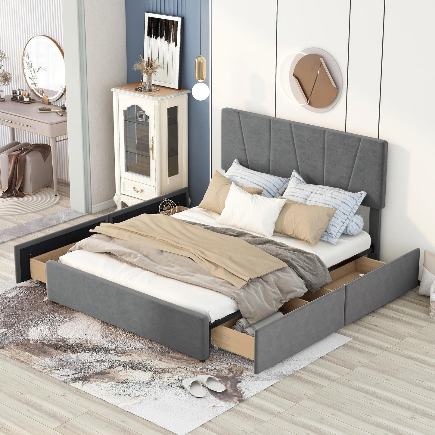 Queen Size Upholstery Platform Bed with Four Drawers on Two Sides, Adjustable Headboard, Grey(Old SKU: WF291774EAA)