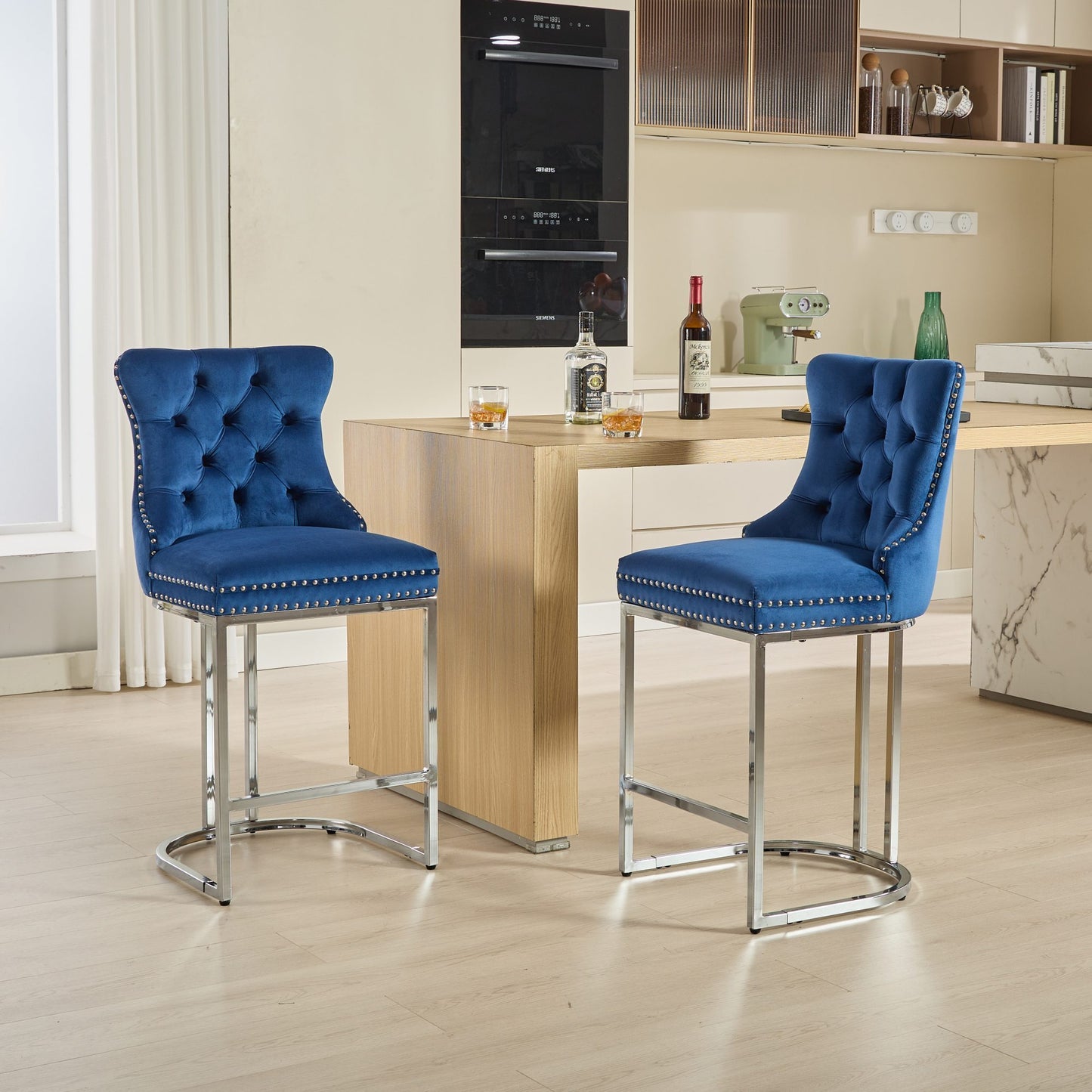 25" Counter Height Bar Stools Set of 2, Modern Velvet Barstools with Button Back&Rivet Trim Upholstered Kitchen Island Chairs with Sturdy Chromed Metal Base Legs Farmhouse Bar Stools, (Blue,2 Pack)