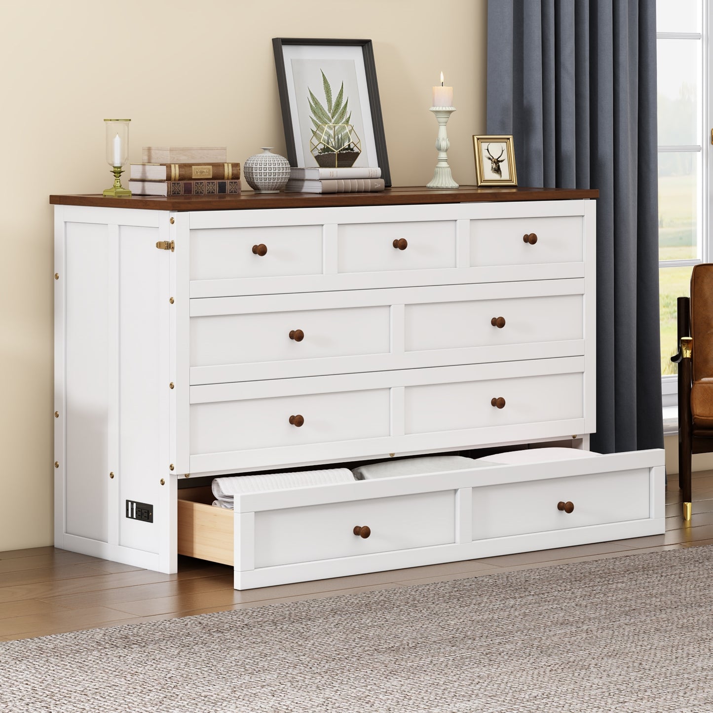 Solid Pine Murphy Bed Chest with Charging Station and Large Storage Drawer for Home Office or Small Room , Full, White+Walnut