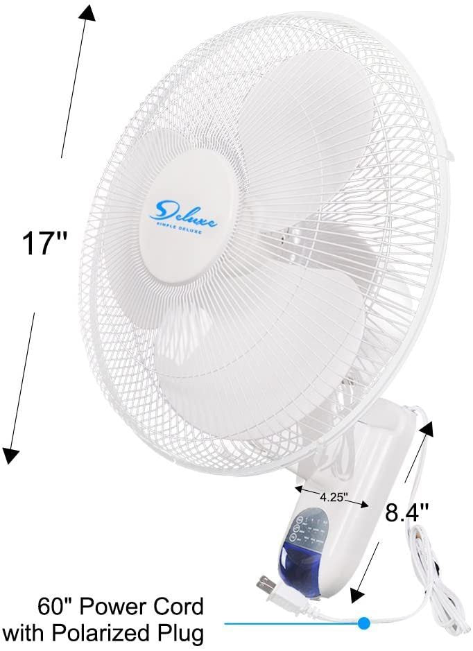 Simple Deluxe 16 Inch Digital Wall Mount Fan with Remote Control 3 Speed-3 Oscillating Modes-72 Inches Power Cord, ETL Certified-White, 16"