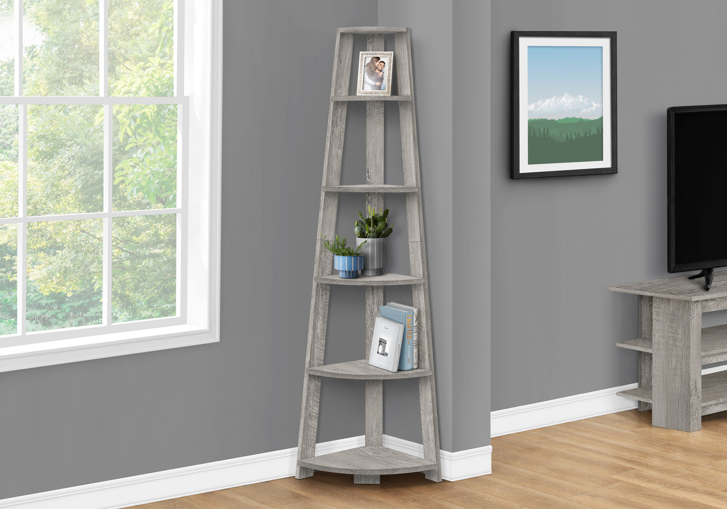 Bookshelf, Bookcase, Etagere, Corner, 5 Tier, 72"h, Office, Bedroom, Grey Laminate, Contemporary, Modern