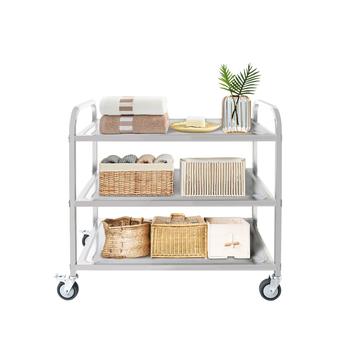 3-Tier Stainless Steel Cart, Serving Cart with Wheels, Restaurant, Household, Service Trolley, 360°Rotation Storage Cart with Locking Wheels 37.4 * 19.2 * 36.6'' L*W*H Rolling Kitchen Food Cart