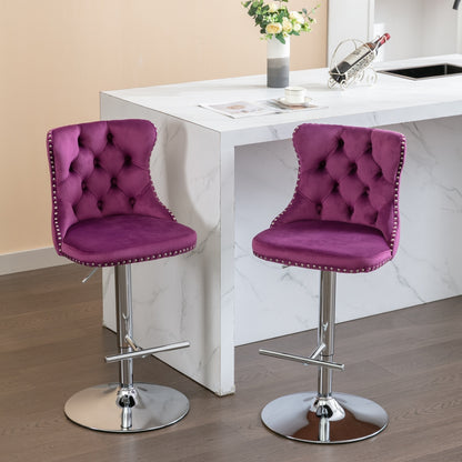 Swivel Velvet Barstools Adjusatble Seat Height from 25-33 Inch, Chrome base Bar Stools with Backs Comfortable Tufted for Home Pub and Kitchen Island, Purple,Set of 2,1712PP