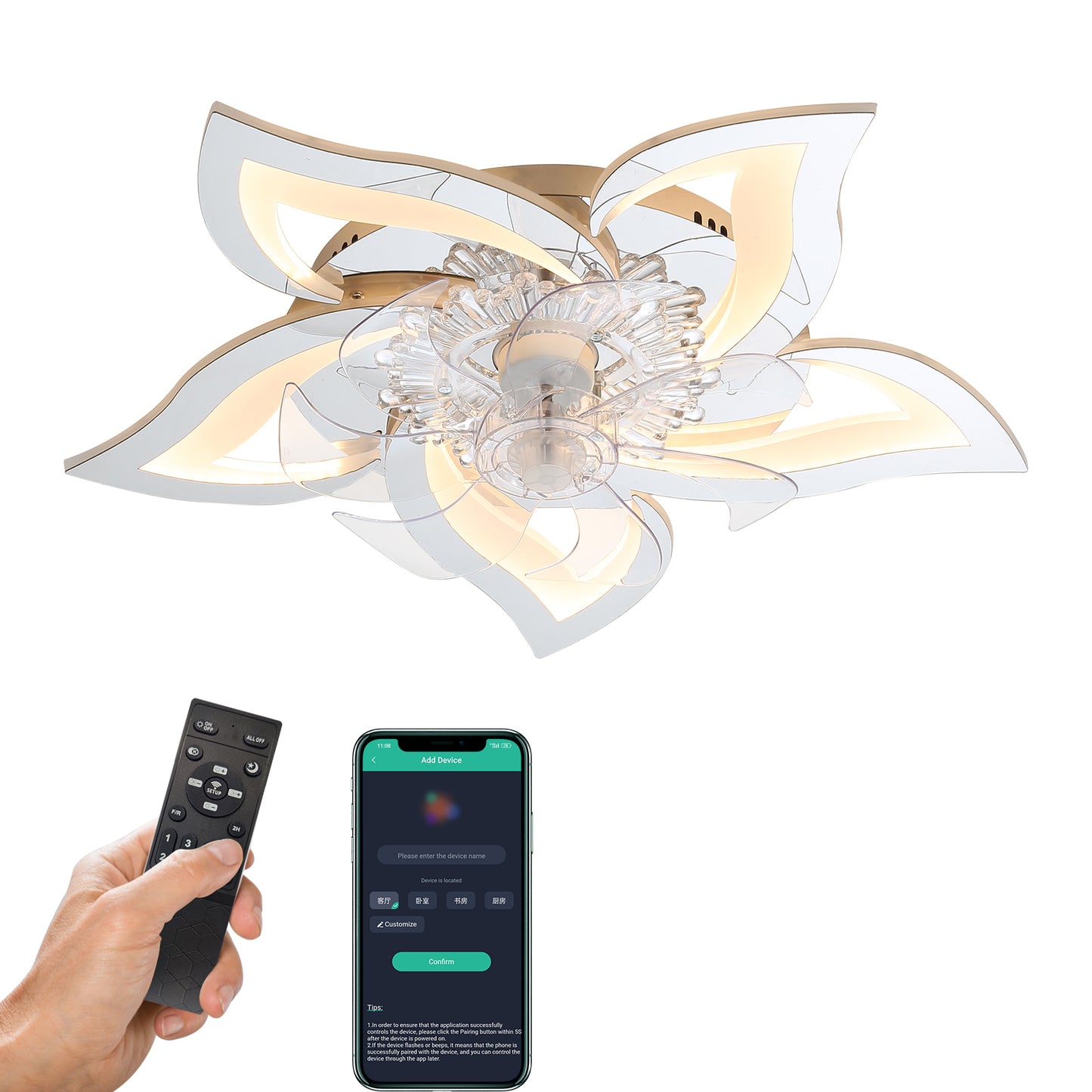 27In Ceiling Fan with Lights Remote Contro Dimmable LED,6 Gear Wind Speed Fan Light