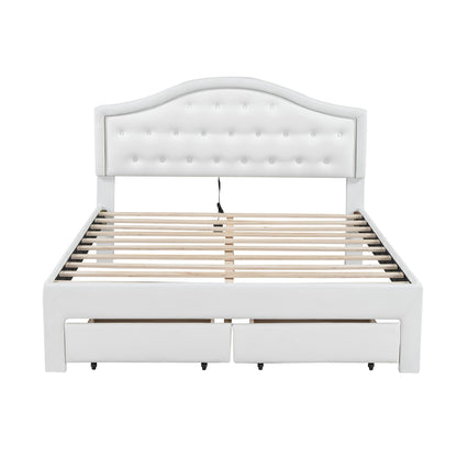 Queen Size Upholstered Platform Bed with Tufted Headboard, LED and 2 Drawers, White