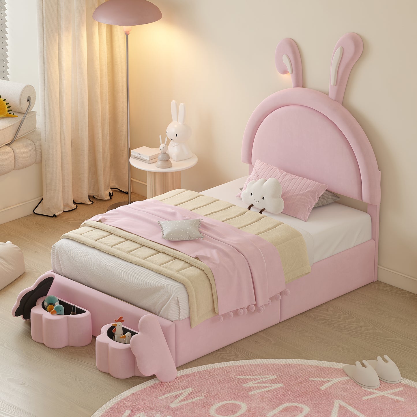 Twin size Upholstered Rabbit-Shape Bed with 2 Storage Stools, Velvet Platform Bed with Cartoon Ears Shaped Headboard, Pink