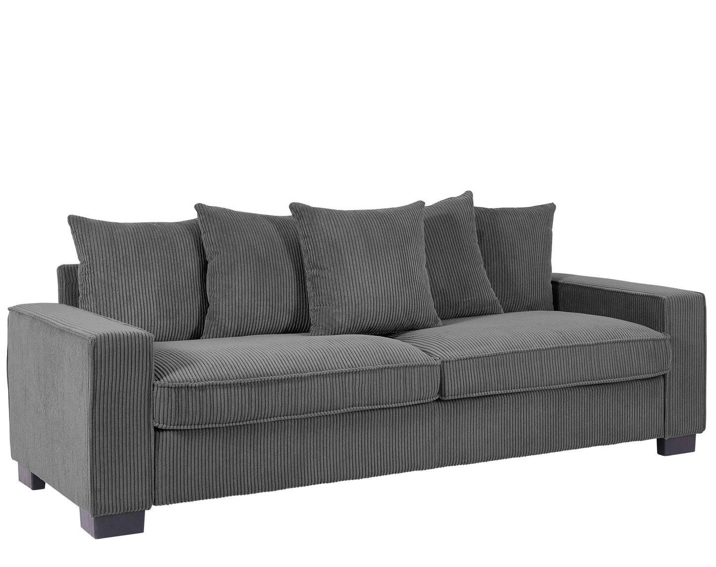 Luxe Corduroy Sofa with 5 Matching Toss Pillows, Sleek Design, Spacious and Comfortable 3 Seater Couch for Modern Living Room, Large, Grey