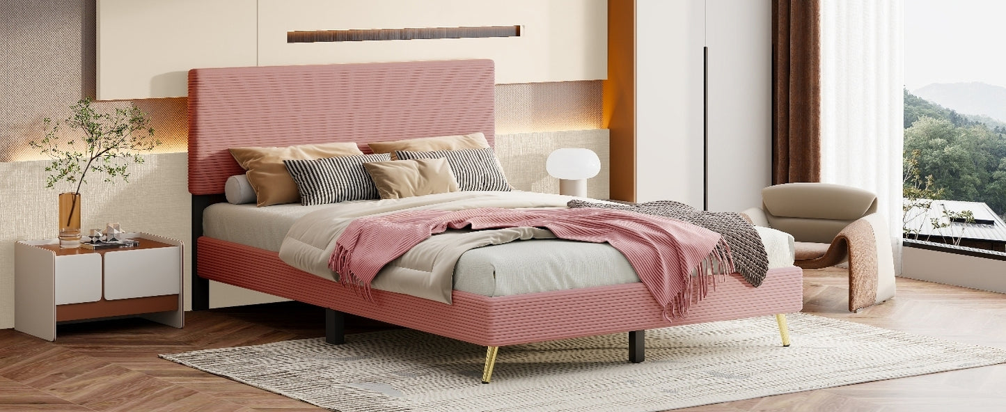 Queen Size Corduroy Upholstered Bed Frame, Platform Bed with Horizontal Stripe Headboard, No Box Spring Needed, Pink