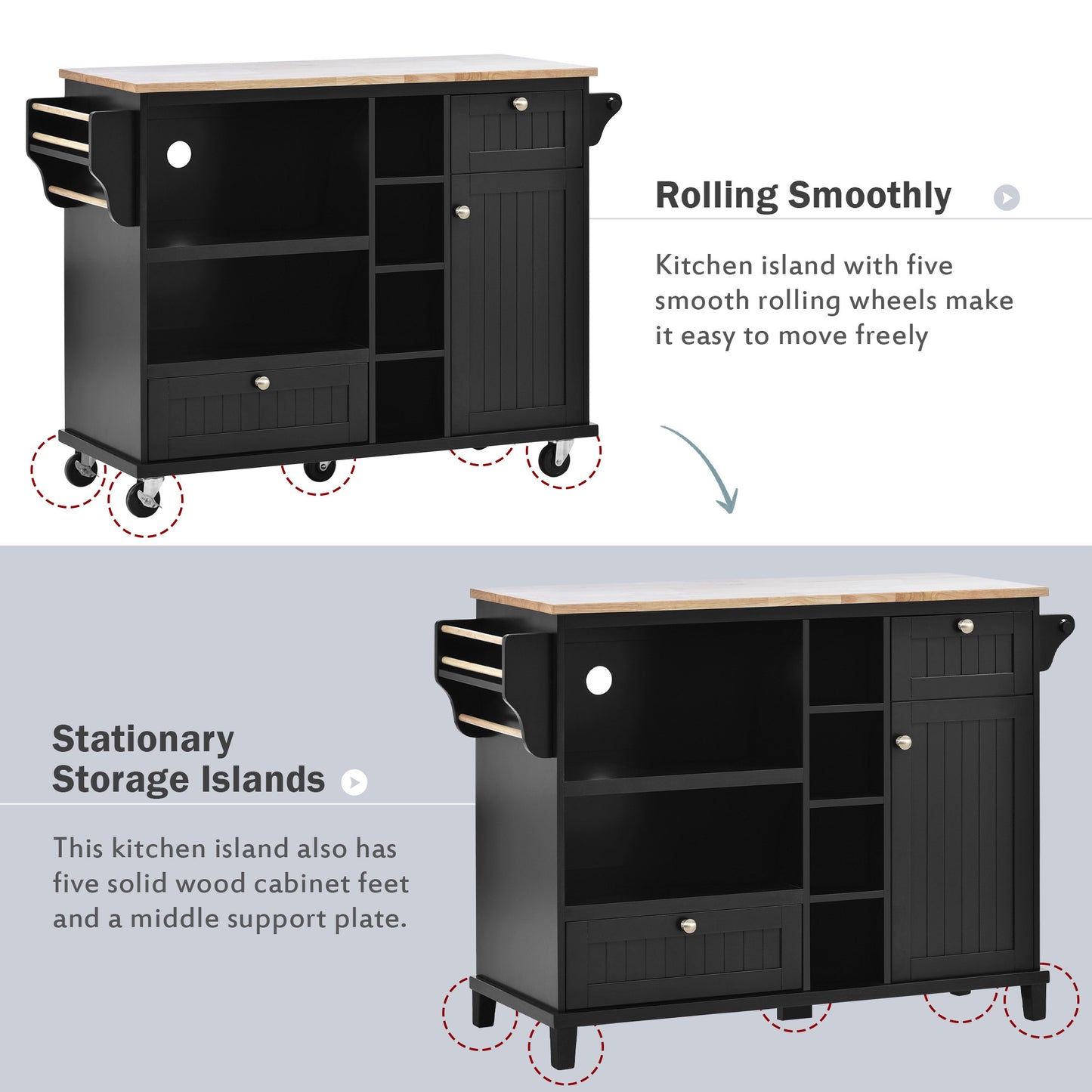 Kitchen Island Cart with Storage Cabinet and Two Locking Wheels,Solid wood desktop,Microwave cabinet,Floor Standing Buffet Server Sideboard for Kitchen Room,Dining Room,, Bathroom(Black)