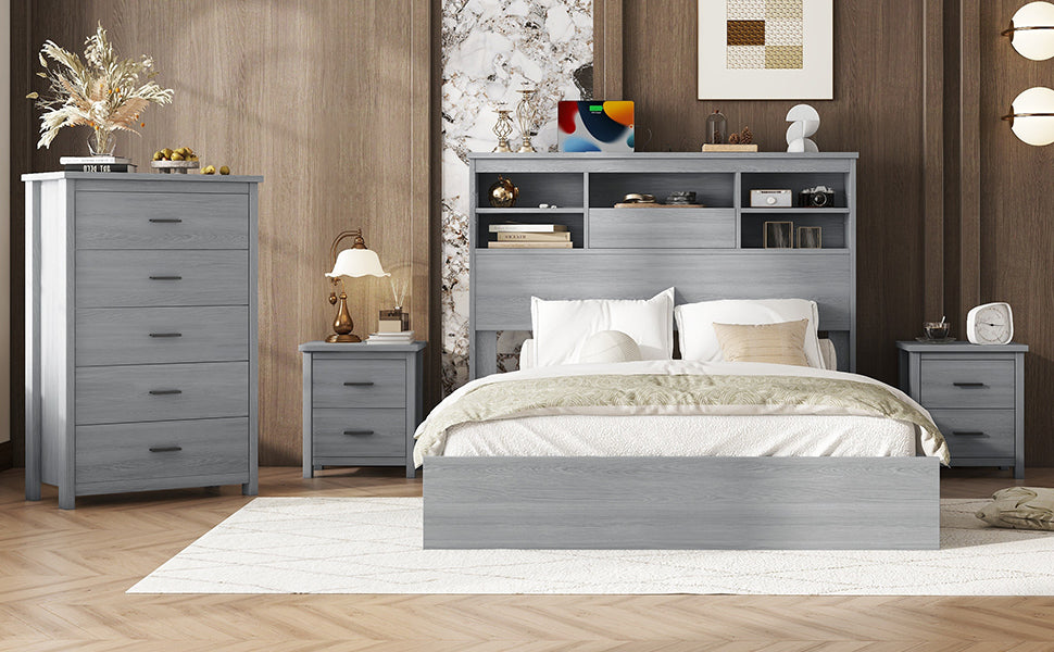 4-Pieces Bedroom Sets Queen Size Vintage Wooden Bed Frame with 2 Nightstands and 1 Dresser,Light Gray