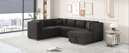 108.6" U-shaped Sectional Sofa Pull out Sofa Bed with Two USB Ports, Two Power Sockets, Three Back Pillows and a Storage Chaise for Living Room, Black