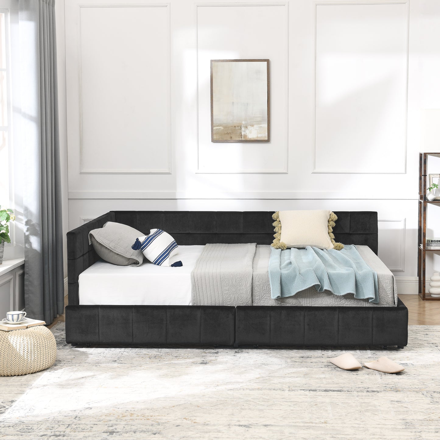 Full Size Storage Upholstered Tufted Bed Frame, Sofa Bed Frame with Comfortable Backrest and Armrests, Full Size Bed for Bedroom, Living Room,Velvet, BLACK(80.5''*59''*29.5'')