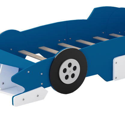 Twin Size Race Car-Shaped Platform Bed with Wheels,Blue