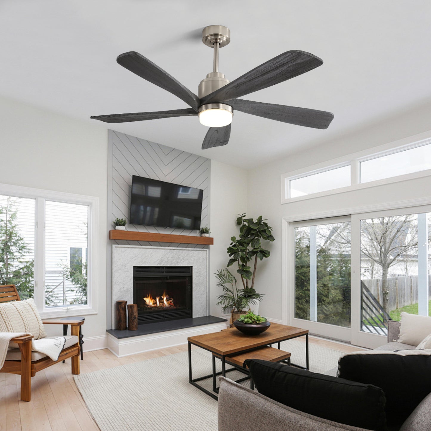 52 Inch Modern Ceiling Fan With Dimmable LED Light 5 Solid Wood Blades Remote Control Reversible DC Motor With Smart APP Control