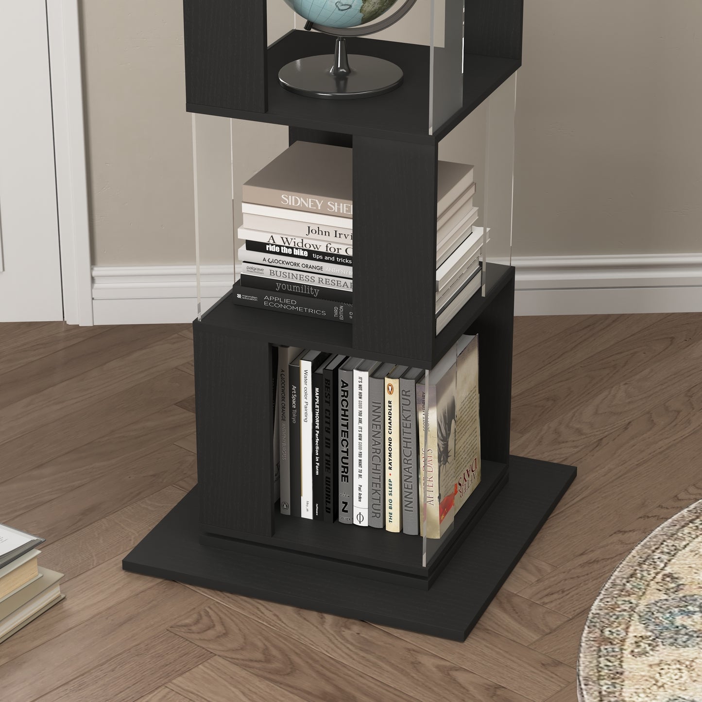 6 tier Rotating Bookshelf, Floor Rack Simple Bookcase  with Acrylic plate Student Multi-Function Creative Bookshelf for Living Room with anti-toppling base