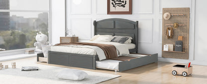 Wood Queen Size Platform Bed with Twin Size Trundle and 2 Drawers, Antique Gray