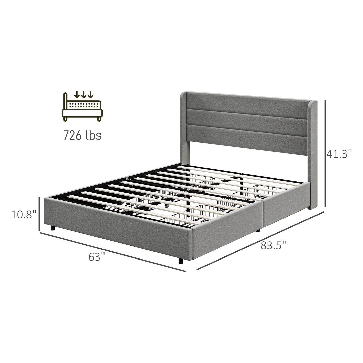 HOMCOM Queen Bed Frame with Headboard, Upholstered Platform Bed Frame with Storage Drawers, Wood Slats, Noise-Free, and Easy Assembly, No Box Spring Needed, Light Gray