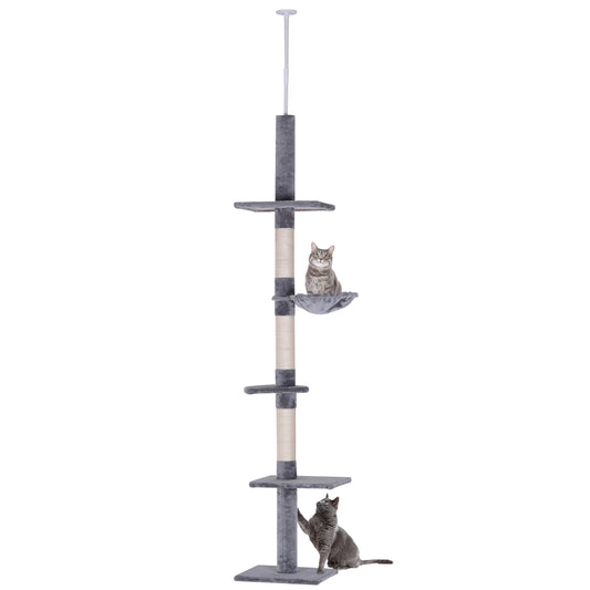 PawHut 9' Adjustable Height Floor-To-Ceiling Vertical Cat Tree - Grey and White