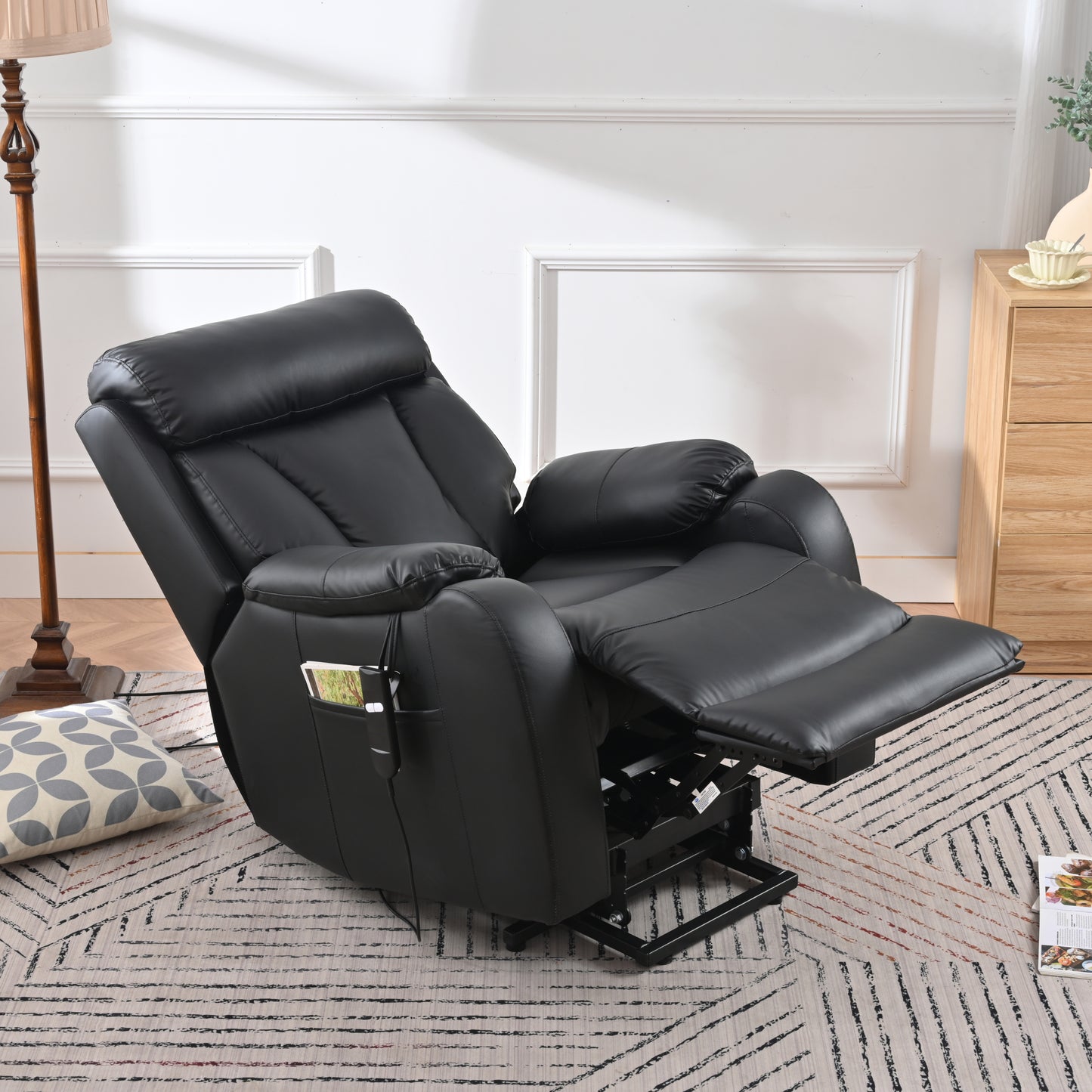 Electric Power Lift Recliner Chair for Elderly, PU Recliner Chair for Seniors, Home Theater Seating,Living Room Chair,Side Pocket, Remote Control (Black PU)