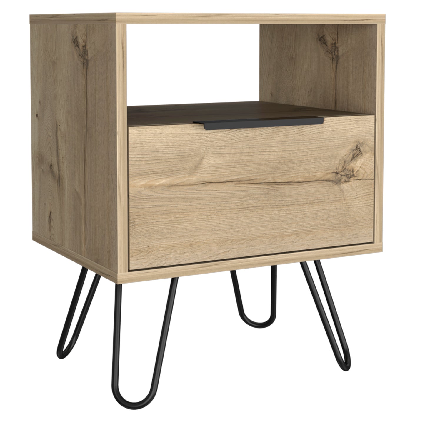 Nightstand 22"H, One Open Shelf, Single Door Cabient, Hairpin Legs, Light Oak