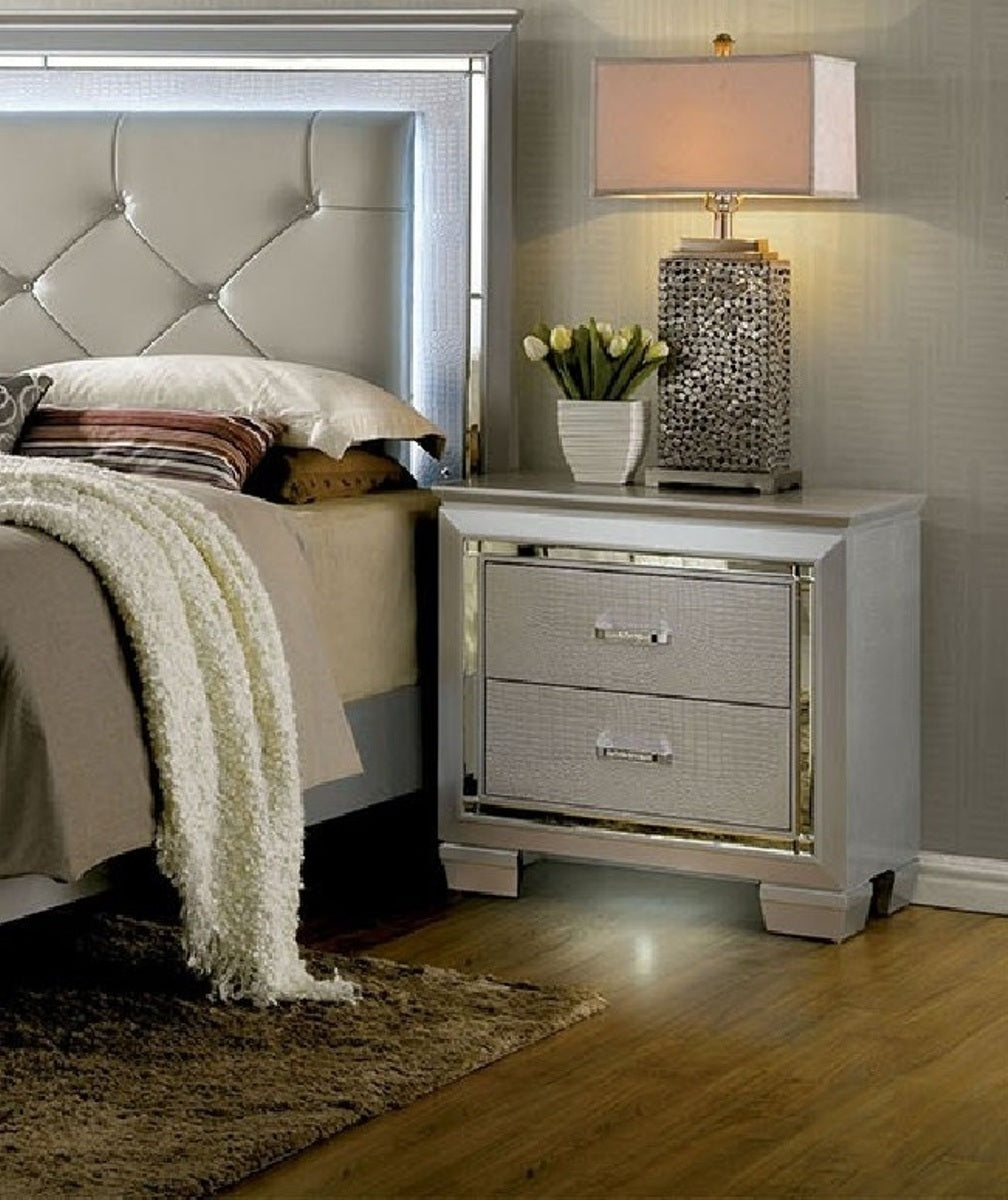 Contemporary 1pc Nightstand Silver Bedside Table LED Light English Dovetail Drawer Bedroom Furniture