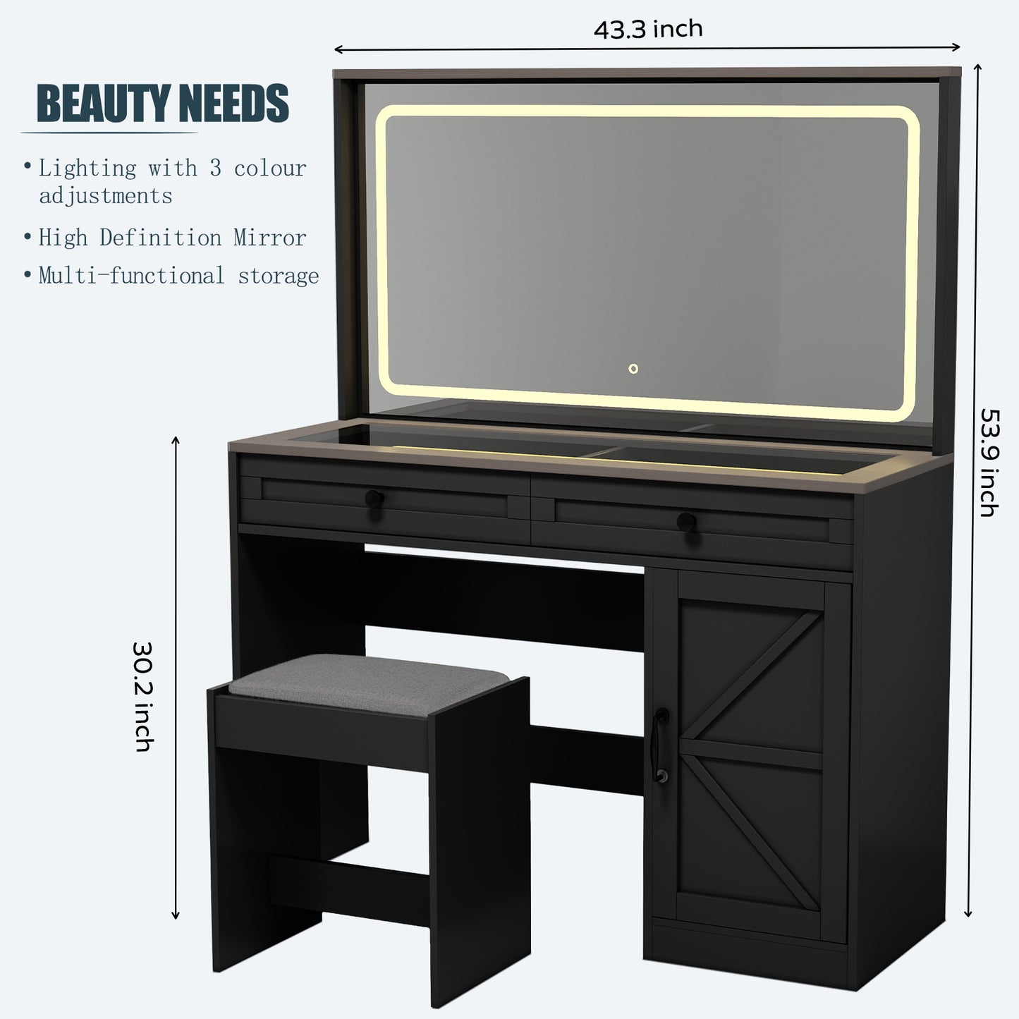 43.3"Makeup Vanity Table, Makeup Table with Large Mirror and LED Light Strip, Brightness Adjustable, Dressing Table Desk with 3 Drawers, Vanity Desk for Women(Black with Stool)