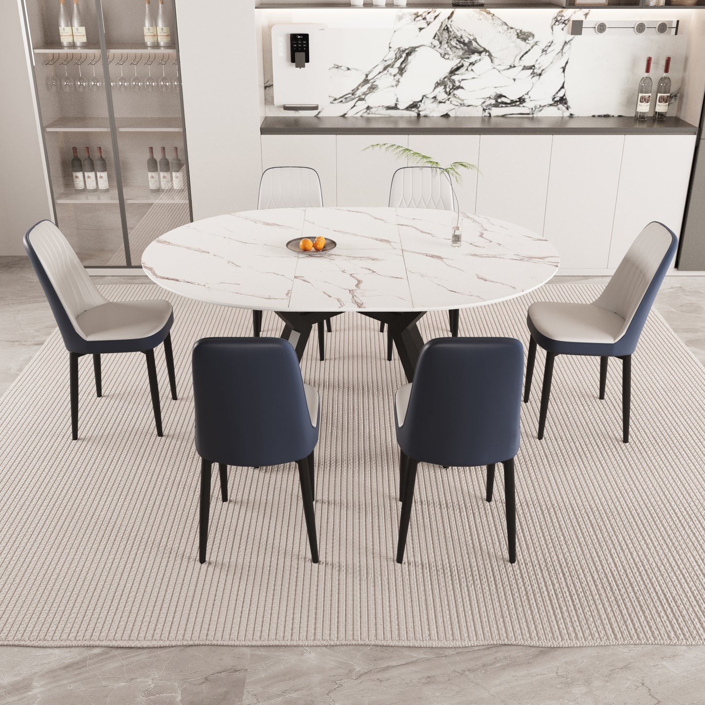 47-63' expandable circular dining tables , equipped with 6 PU fabric thick cushioned dining chairs and an elegant and spacious dining table, kitchen table and chair, with black metal legs