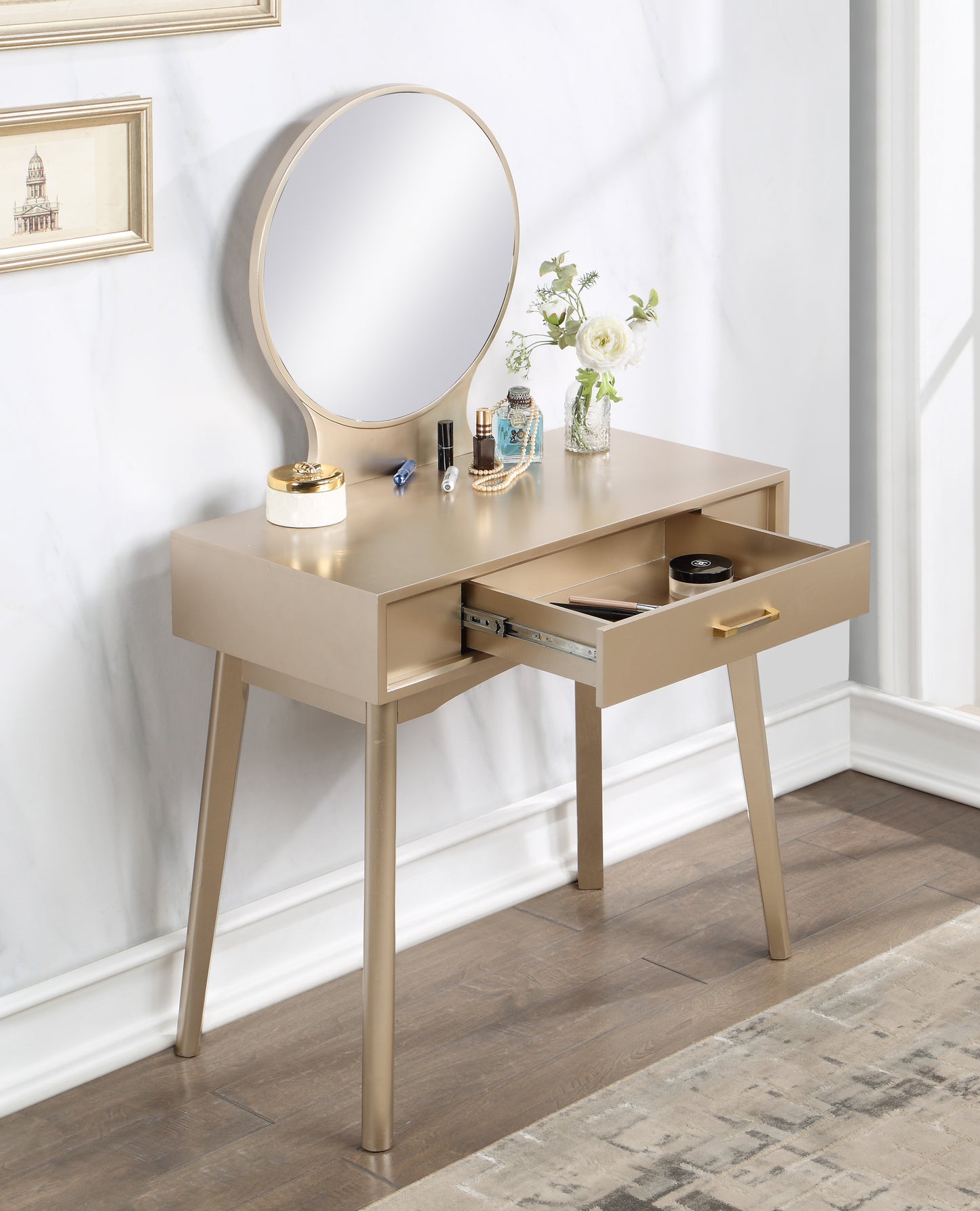 Maly Contemporary Wood Vanity and Stool Set, Gold