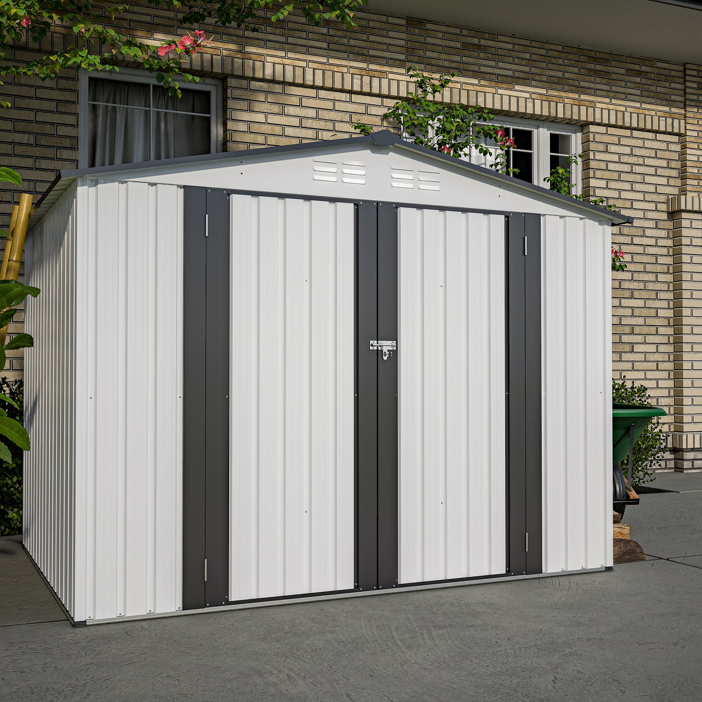 8 x 6 ft Outdoor Storage Shed, All Weather Metal Sheds with  2 Lockable Doors, Tool Shed for Garden, Backyard, Lawn,White