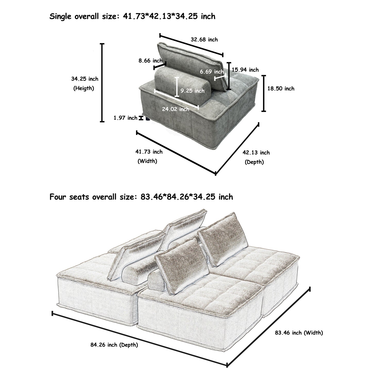 Modular 4-Piece Sofa with Adjustable and Removable Backrests for Ultimate Comfort Oversized sofa chenille light grey sofa