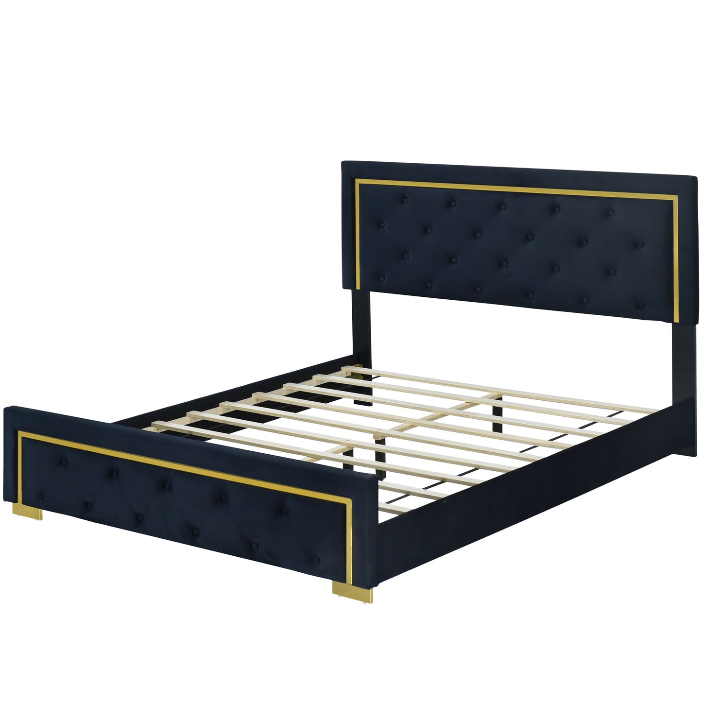 Queen Size Upholstered Platform Bed With Pull Point Headboard And Metal Wire Frame At The Head And Foot Of The Bed, Metal Feet, Velvet, Black