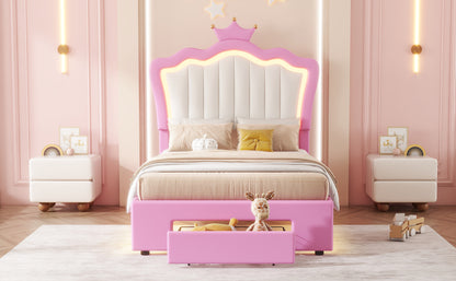 Twin Size Upholstered Bed Frame with LED Lights, Modern Upholstered Princess Bed with Crown Headboard, a Drawer, Pink+White