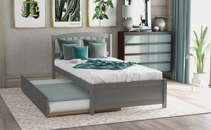 Twin size Platform Bed Wood Bed Frame with Trundle, Gray