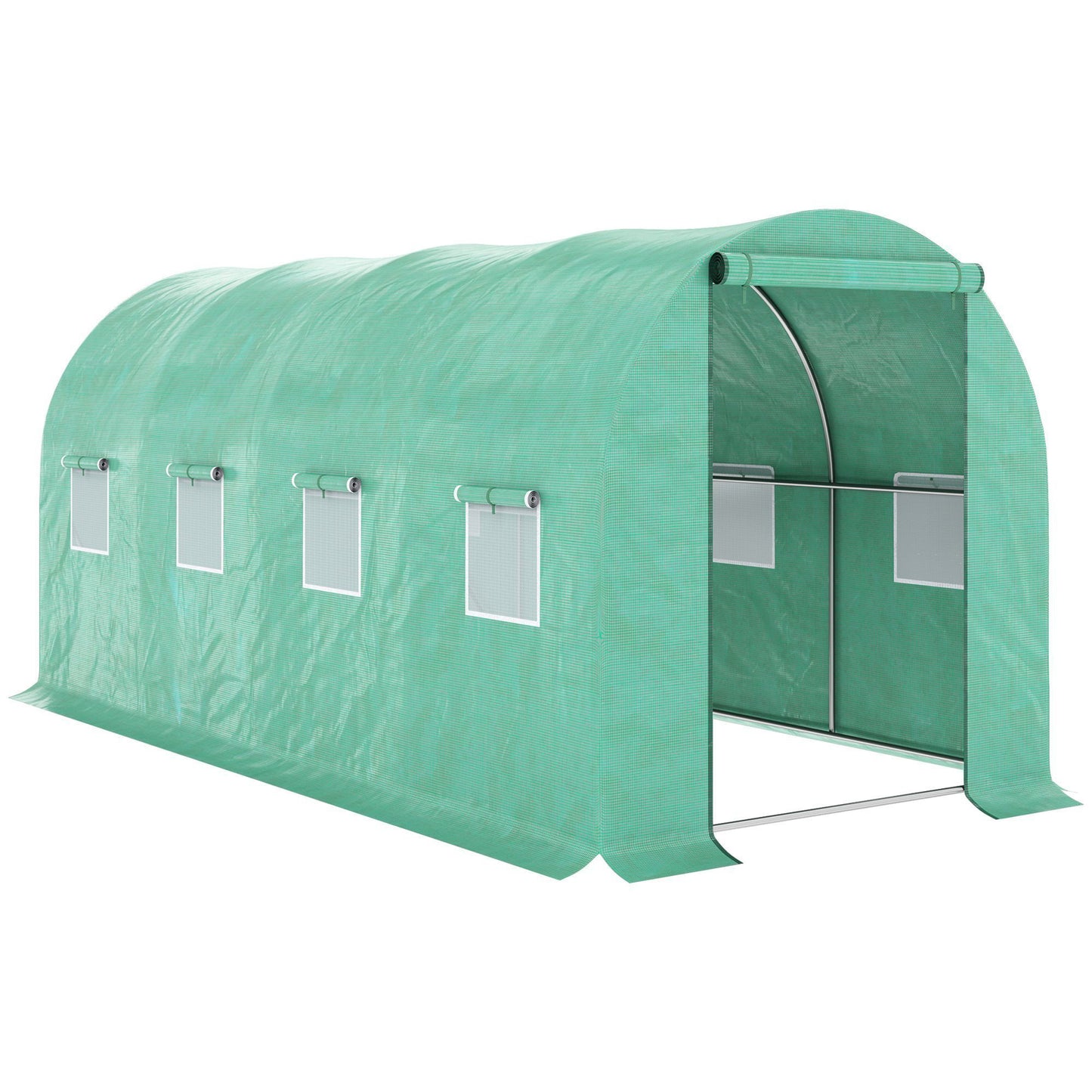 Outsunny 15' x 7' x 6.5' Walk-in Tunnel Hoop Greenhouse, Green House with Polyethylene PE Cover, Steel Frame, Roll-Up Zipper Door & Windows for Flowers, Vegetables, Tropical Plants, Green