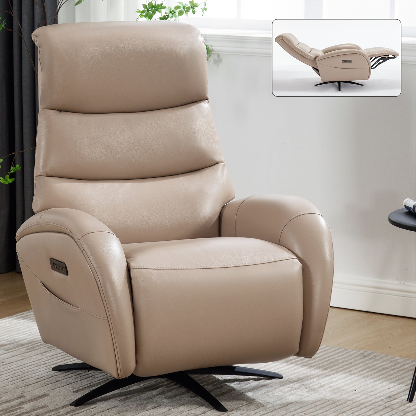 Khaki Leatheraire Dual Motor 270° Swivel Power Recliner Chair With Heavy Duty Motion Mechanism, USB and Type-C Charging Ports