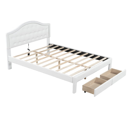 Queen Size Upholstered Platform Bed with Tufted Headboard, LED and 2 Drawers, White