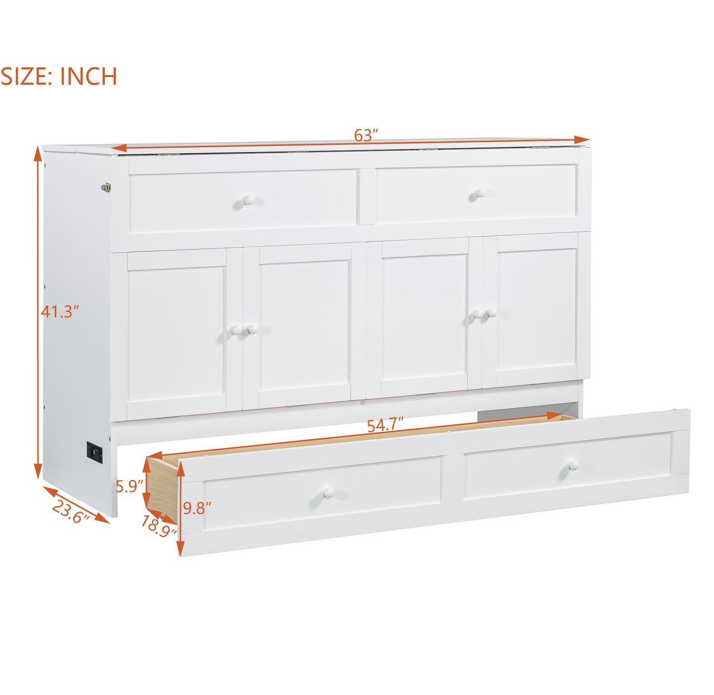 Queen Size Murphy Bed with Large Drawers, White